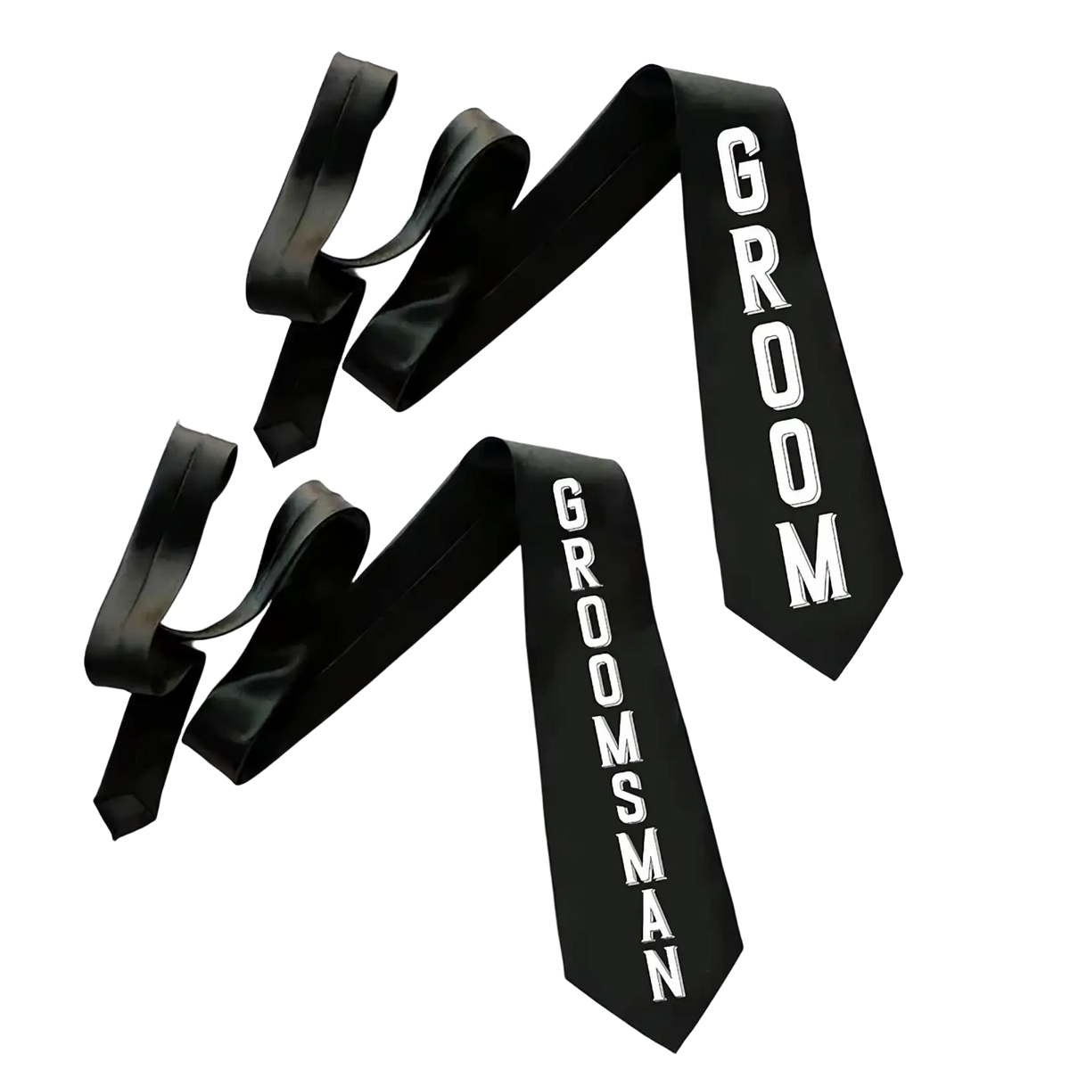 Black satin groom and groomsman sashes with bold white lettering in a groom tie and sash wedding set