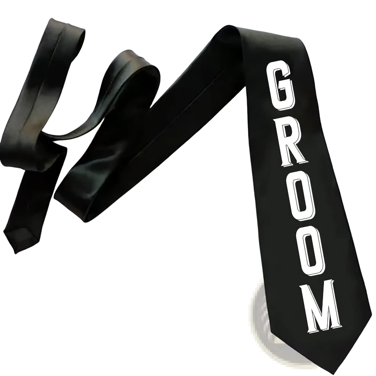 Black satin groom sash with bold white lettering from the groom tie and sash wedding set