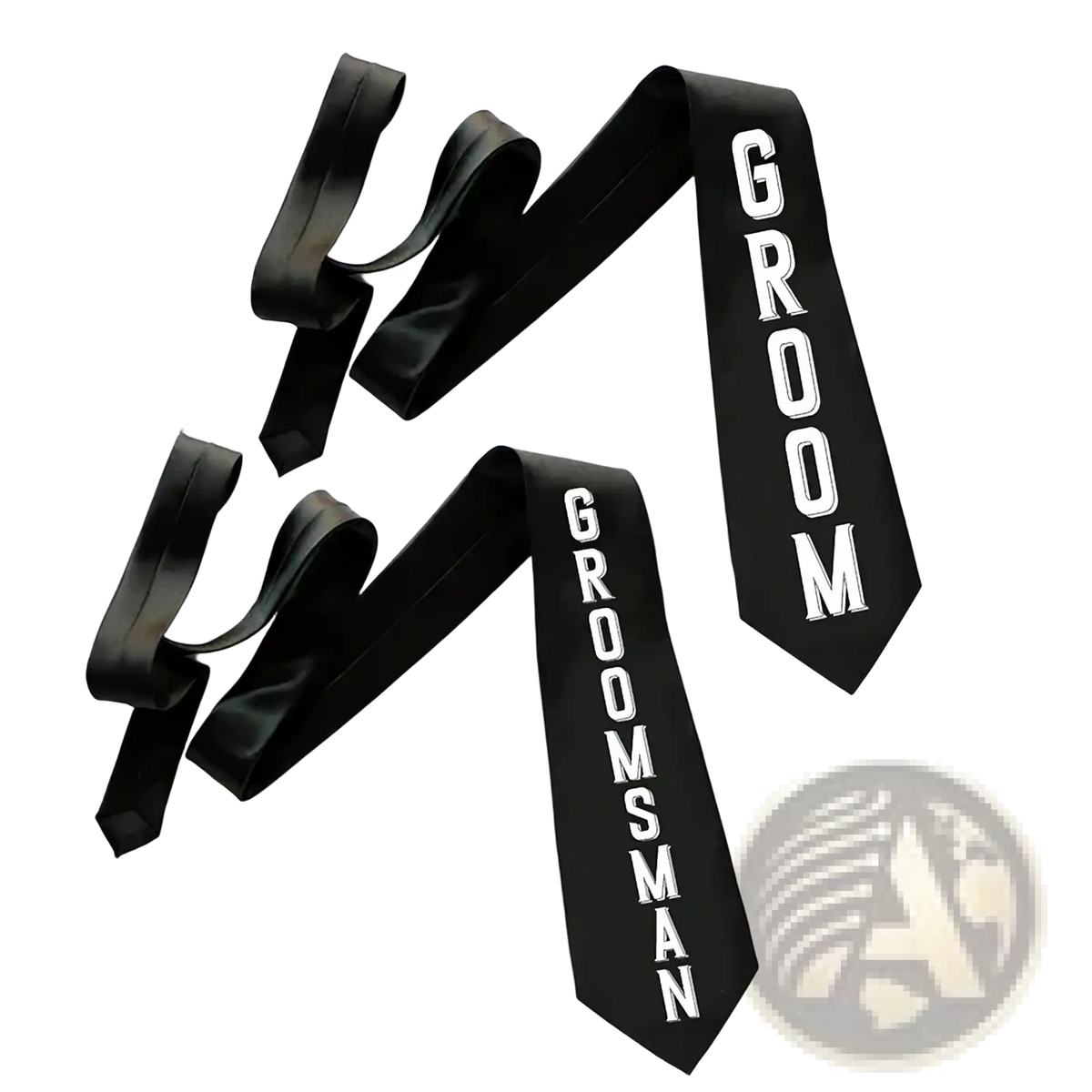 Black satin groom and groomsman sashes with bold white lettering in a groom tie and sash wedding set