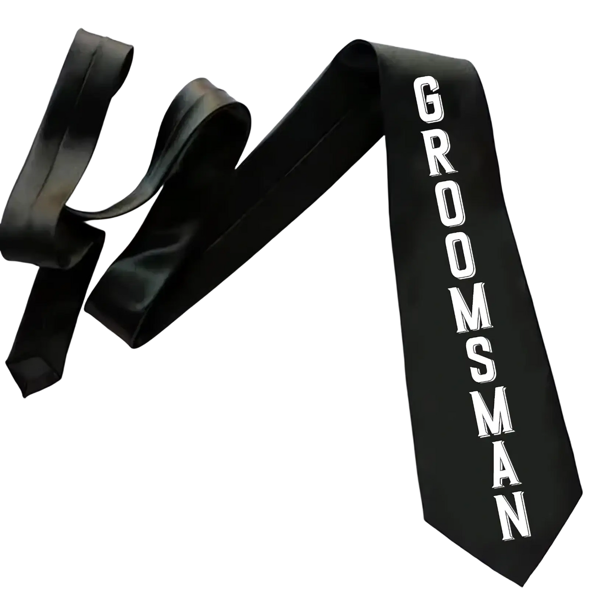 Black satin groomsmen tie with bold white lettering from groom tie and sash wedding set for formal occasions