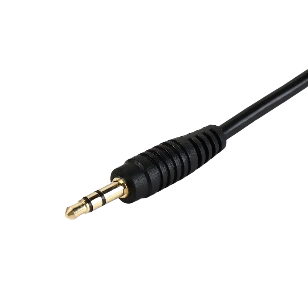 Black 3.5mm ground loop noise isolator cable with gold-plated tip and textured plastic housing for audio filtering