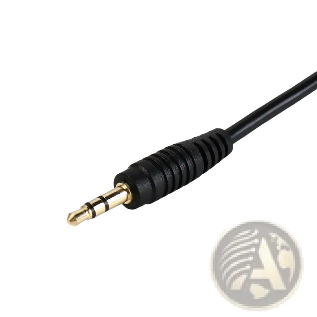Black 3.5mm ground loop noise isolator cable with gold-plated tip and textured plastic housing for audio filtering