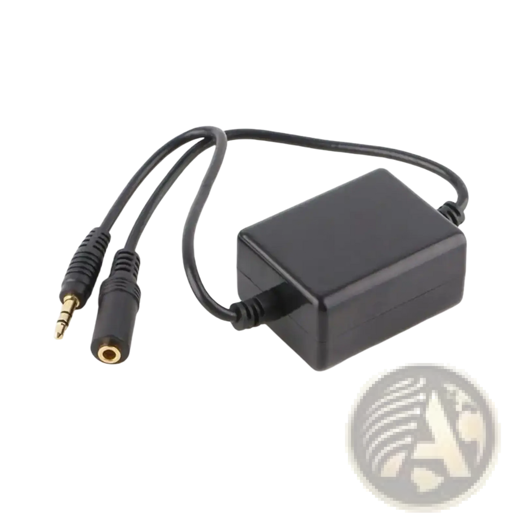 Black rectangular ground loop noise isolator audio splitter adapter with gold-plated 3.5mm male and female connectors
