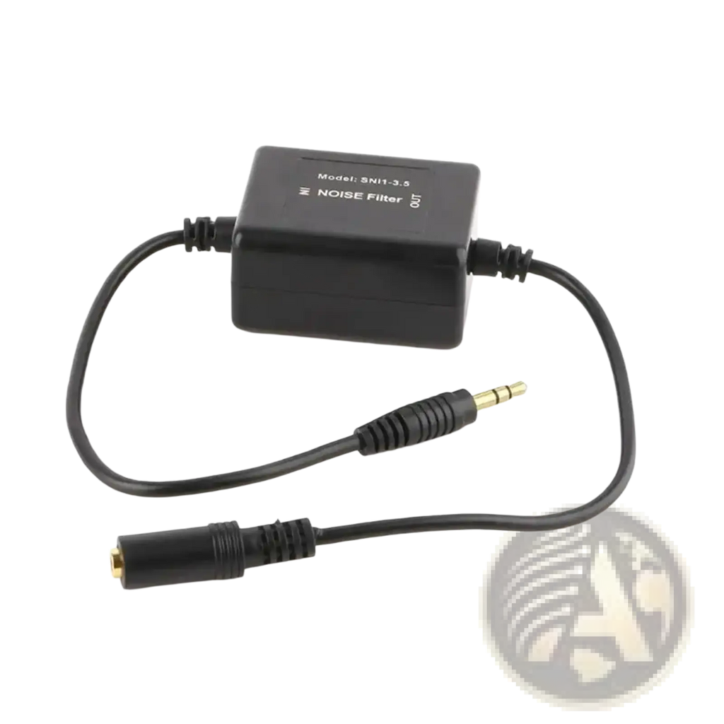 Black rectangular ground loop noise isolator 3.5mm audio filter with model snh-3.8 and gold-plated connectors