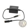 Black rectangular ground loop noise isolator 3.5mm audio filter with model snh-3.8 and gold-plated connectors