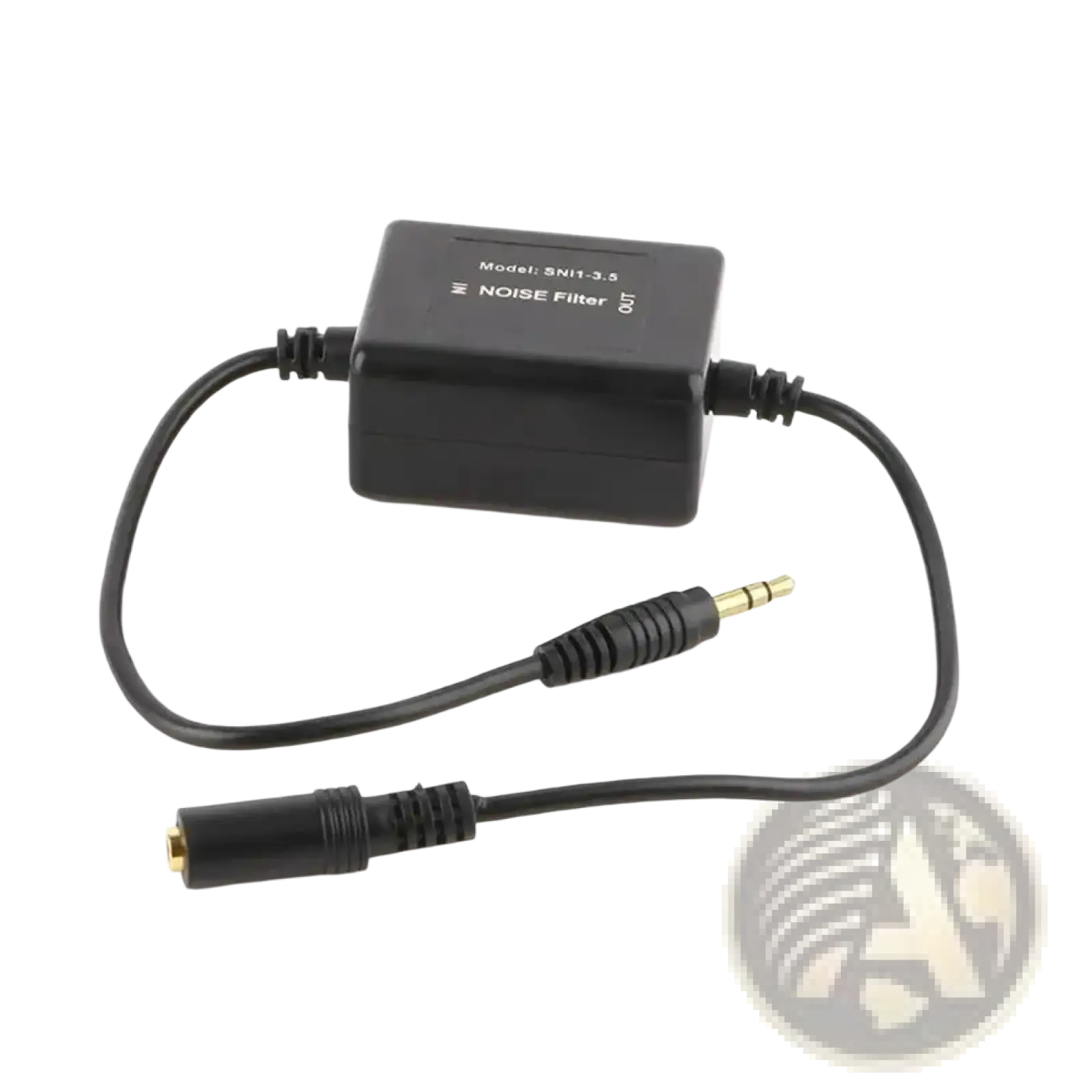 Black rectangular ground loop noise isolator 3.5mm audio filter with model snh-3.8 and gold-plated connectors