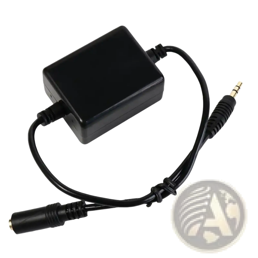 Black rectangular ground loop noise isolator with 3.5mm male plug and female jack connected by black cables