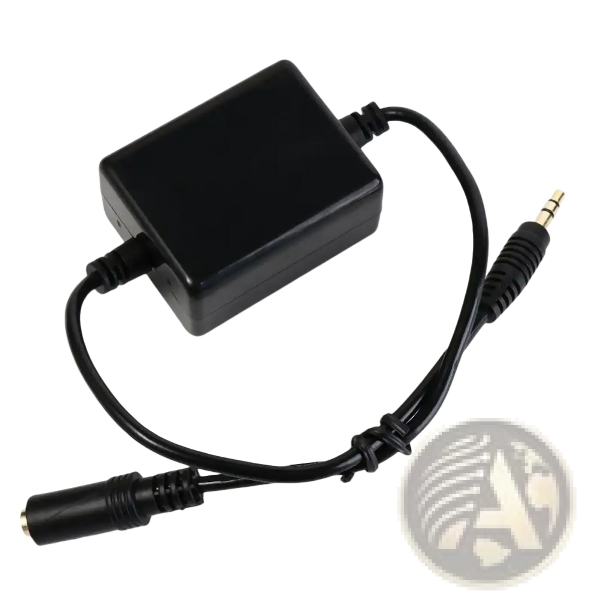 Black rectangular ground loop noise isolator with 3.5mm male plug and female jack connected by black cables