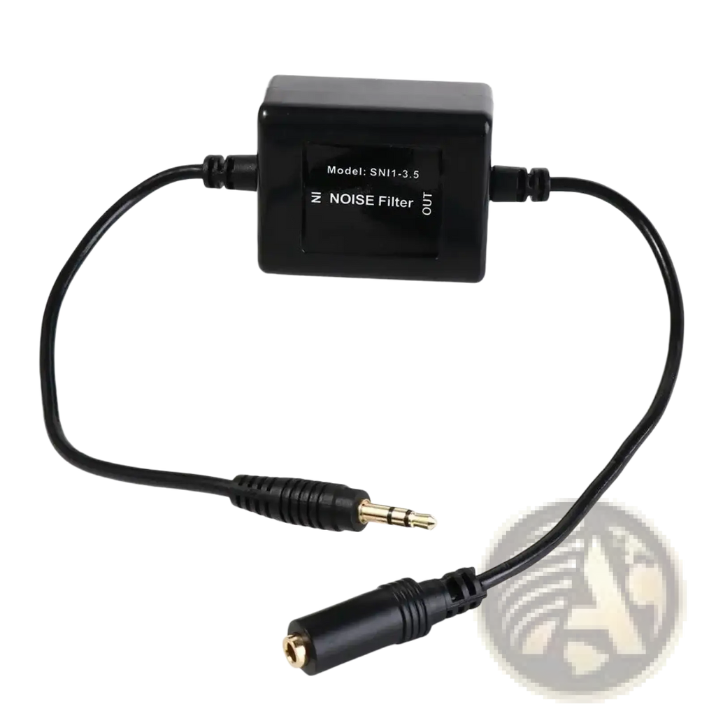 Black rectangular ground loop noise isolator with model sn11-3.5 featuring gold-plated 3.5mm audio connectors