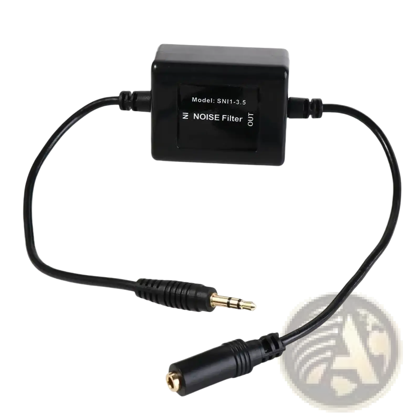 Black rectangular ground loop noise isolator with model sn11-3.5 featuring gold-plated 3.5mm audio connectors
