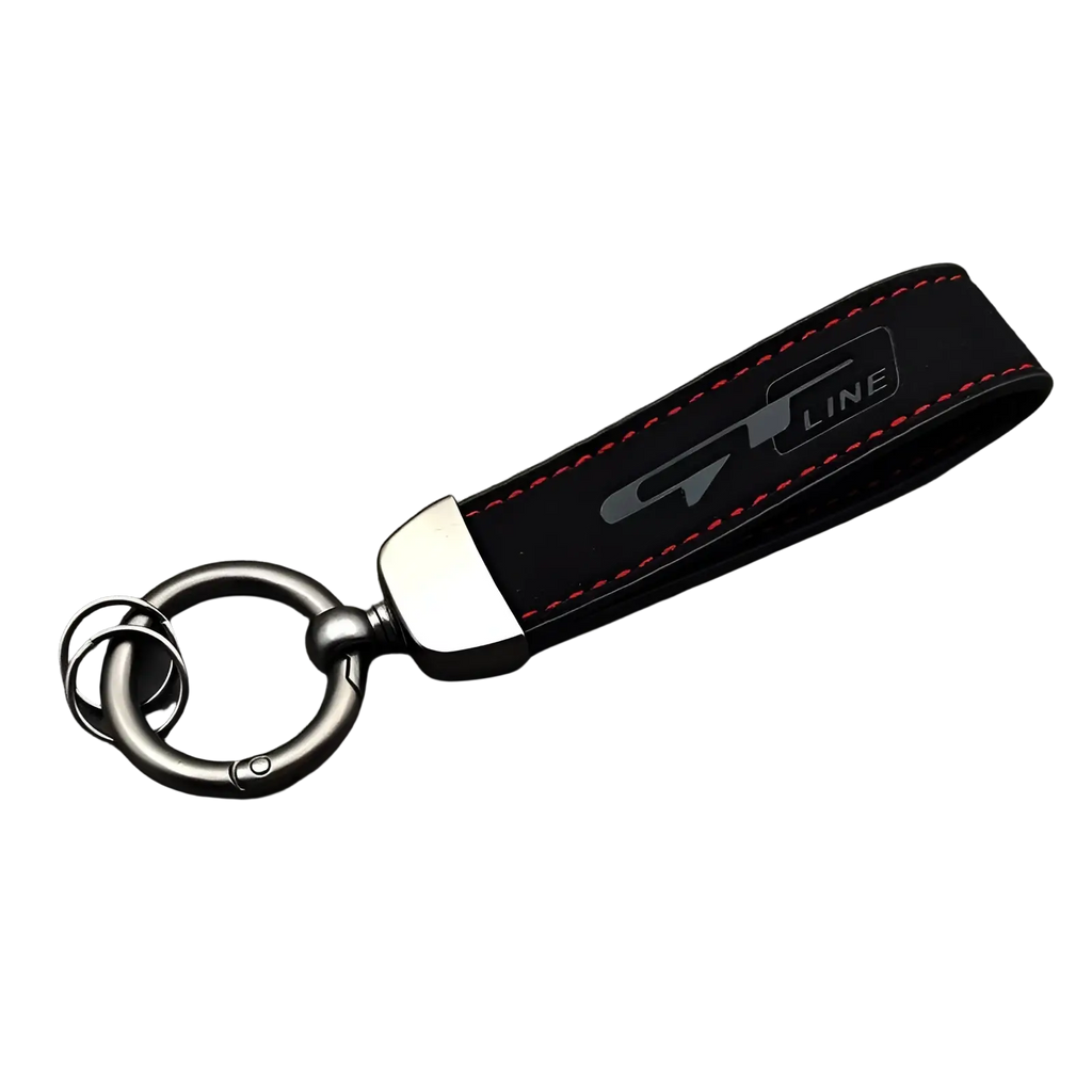 Black leather gt line suede car keychain with red stitching and silver g line logo with metallic ring attachment