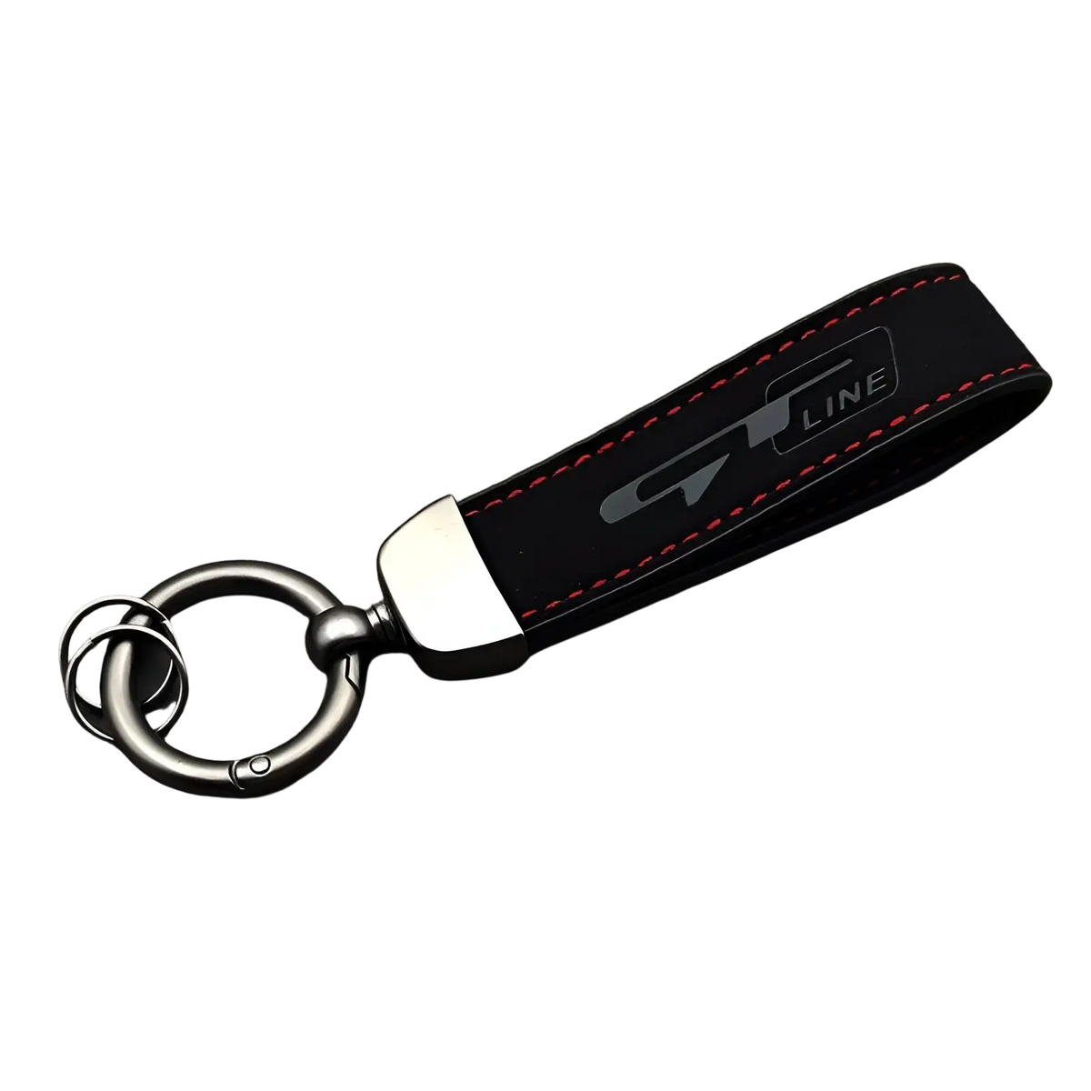 Black leather gt line suede car keychain with red stitching and silver g line logo with metallic ring attachment