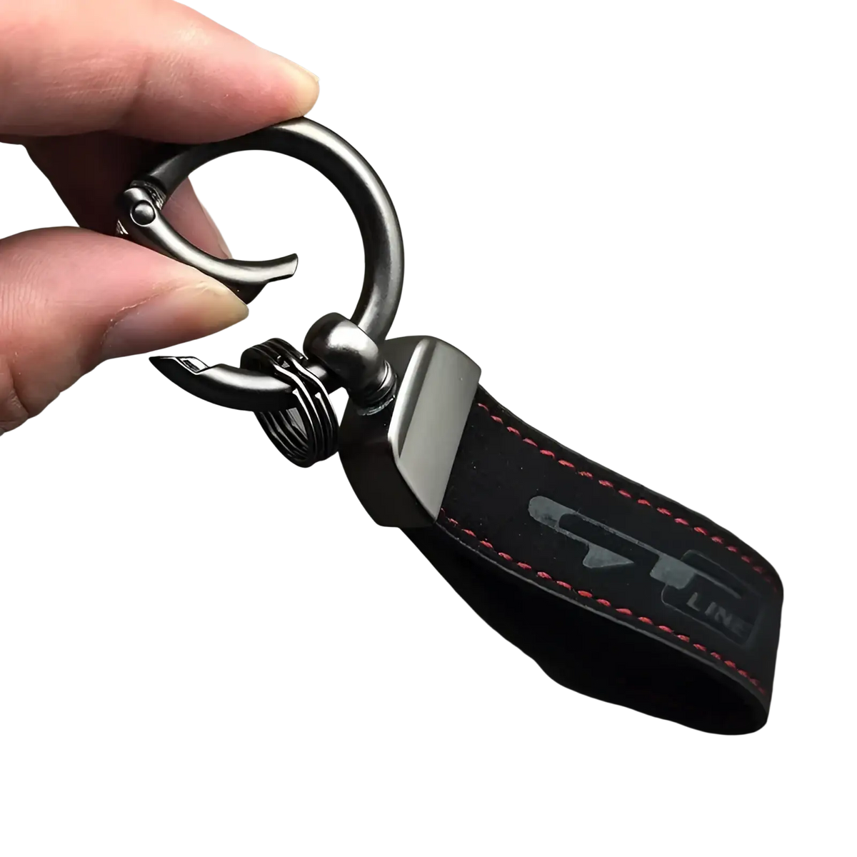 Gt Line suede leather car keychain in black with red stitching and silver logo featuring matte black ring and clasp