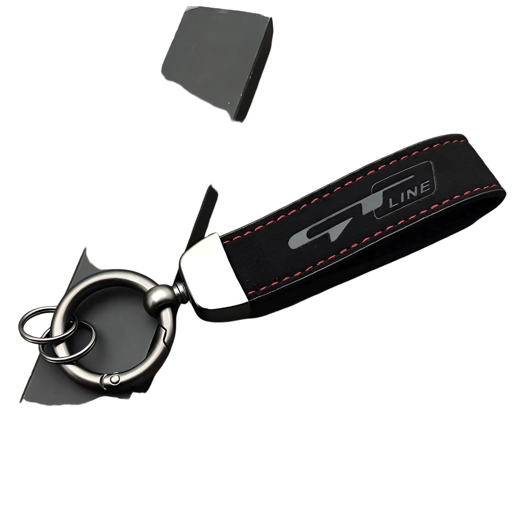 Black suede leather gt line car keychain with red stitching, silver logo, metallic ring, and carabiner attachment
