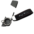 Black suede leather gt line car keychain with red stitching, silver logo, metallic ring, and carabiner attachment