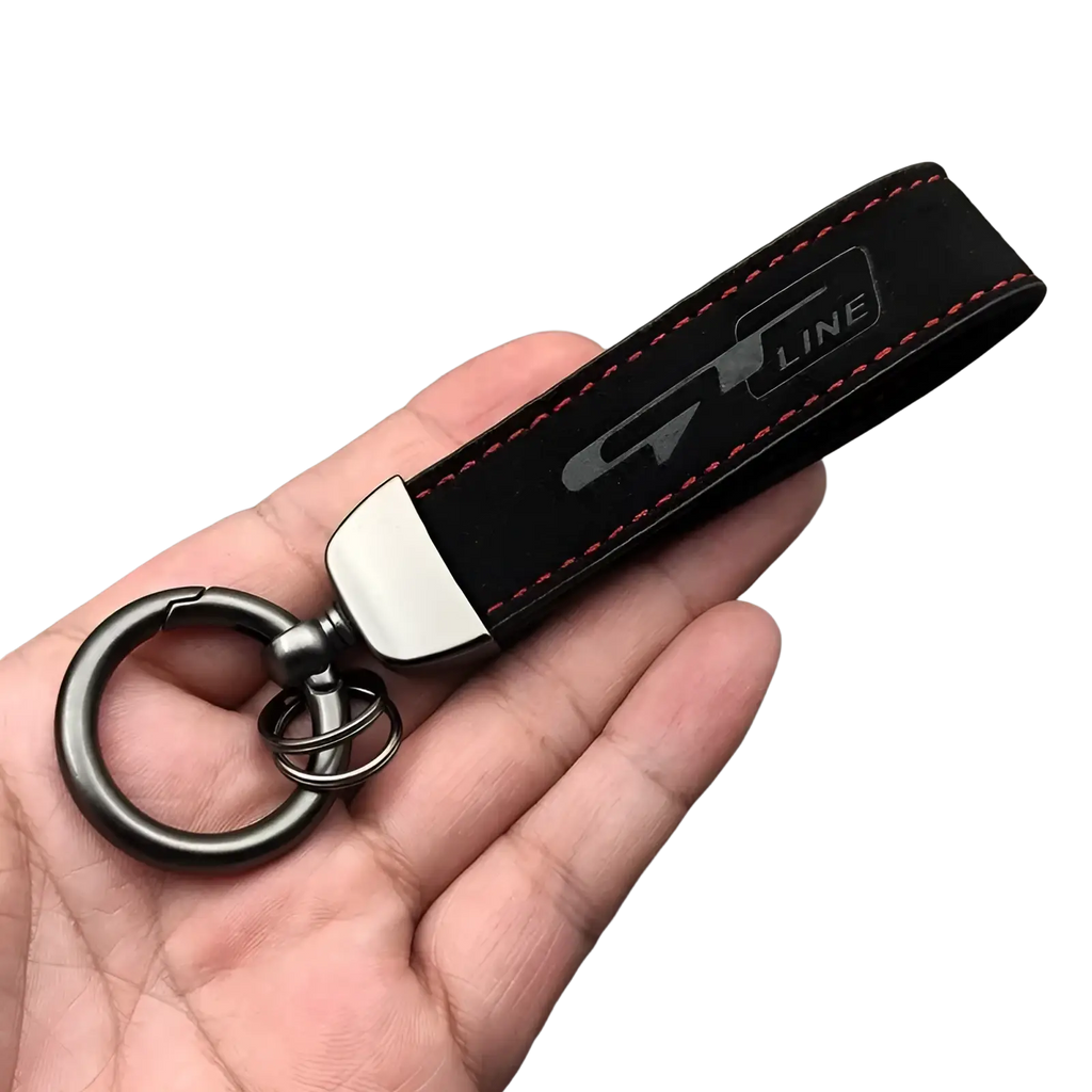 Gt line suede leather car keychain in black with red stitching silver logo metallic ring and clip