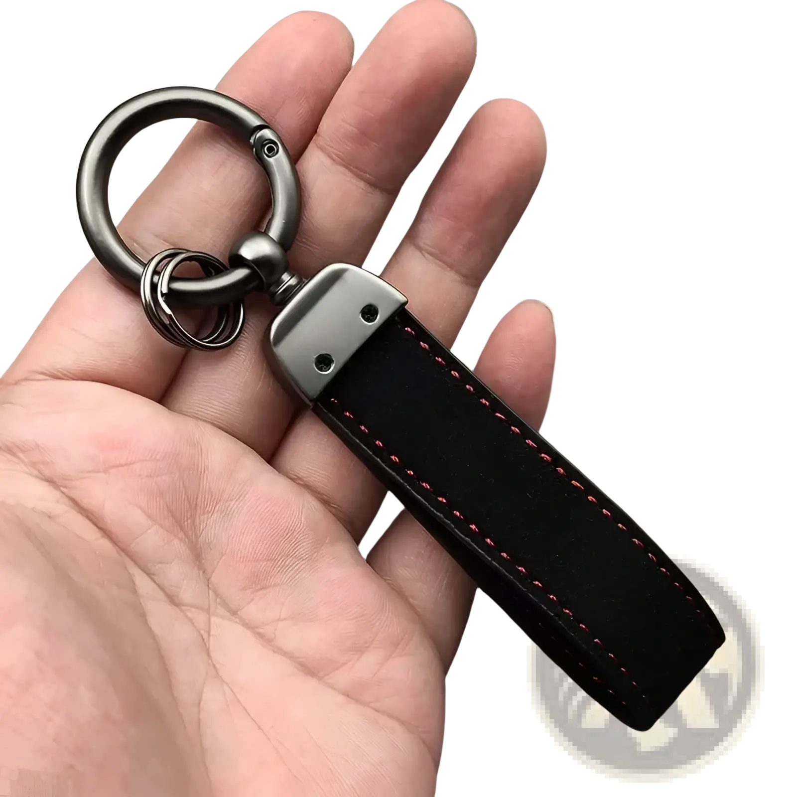 Gt Line suede leather car keychain in black with red stitching and a metallic carabiner clip for secure attachment