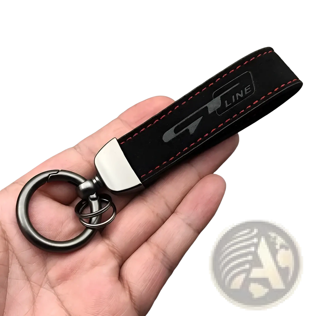 Gt line suede leather car keychain in black with red stitching silver logo metallic ring and clip