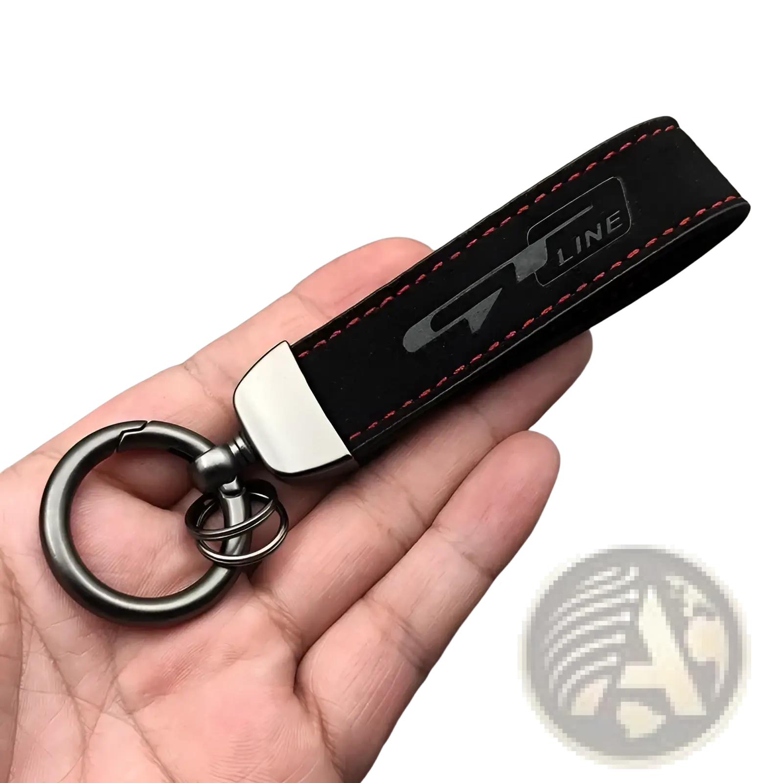 Gt line suede leather car keychain in black with red stitching silver logo metallic ring and clip
