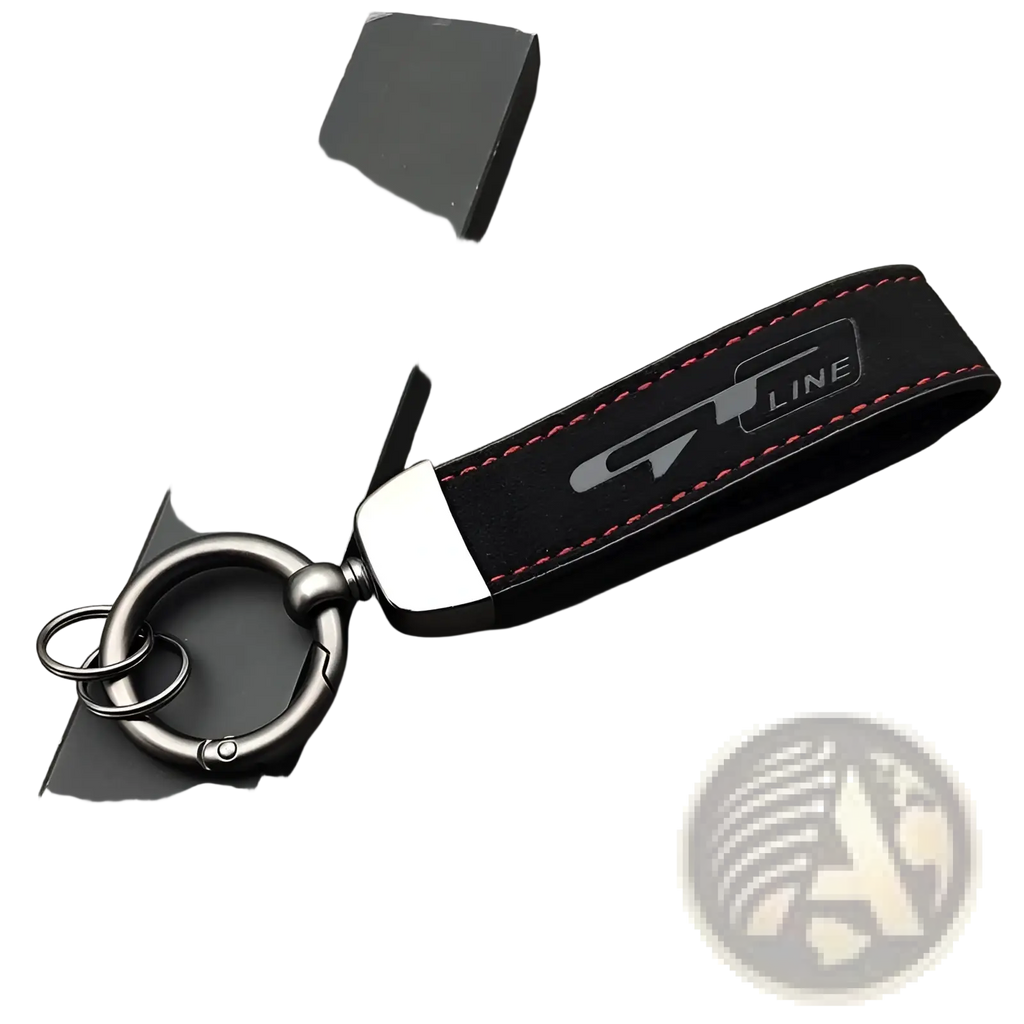 Black suede leather gt line car keychain with red stitching, silver logo, metallic ring, and carabiner attachment