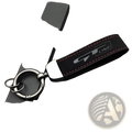 Black suede leather gt line car keychain with red stitching, silver logo, metallic ring, and carabiner attachment