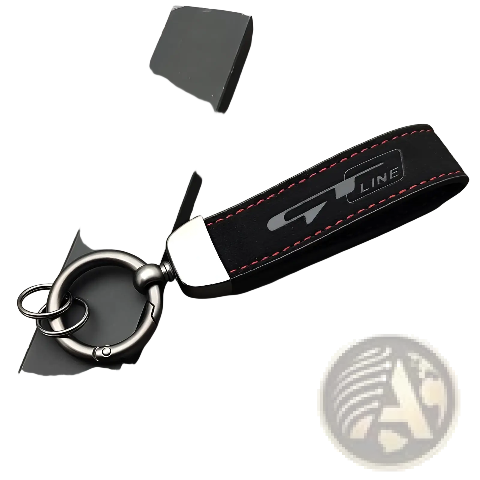 Black suede leather gt line car keychain with red stitching, silver logo, metallic ring, and carabiner attachment