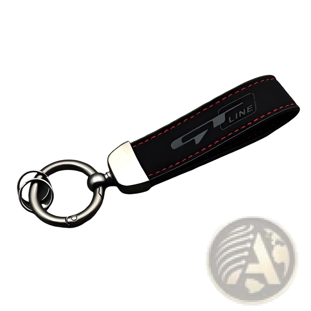 Black leather gt line suede car keychain with red stitching and silver logo featuring metallic ring attachment