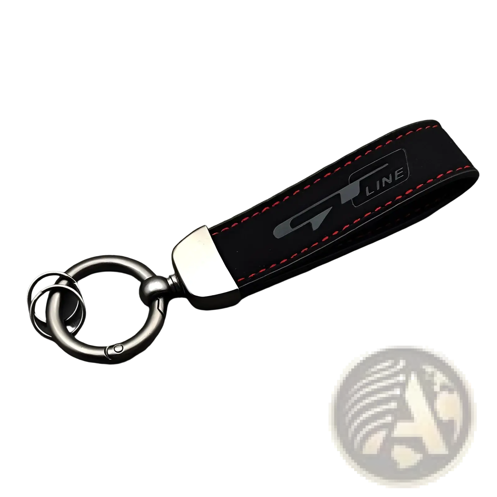 Black leather gt line suede car keychain with red stitching and silver logo featuring metallic ring attachment