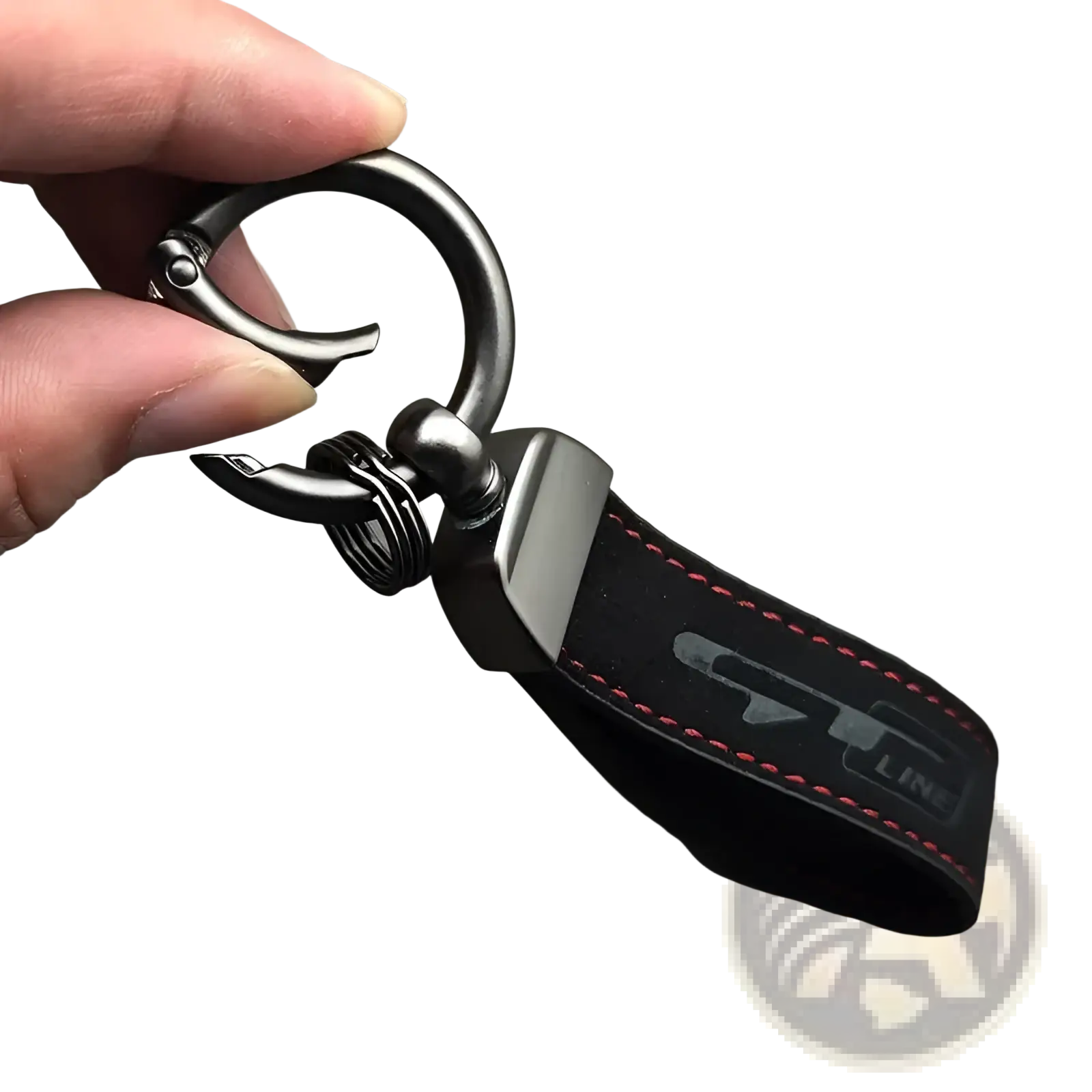 Gt Line suede leather car keychain in black with red stitching and silver logo featuring matte black ring and clasp