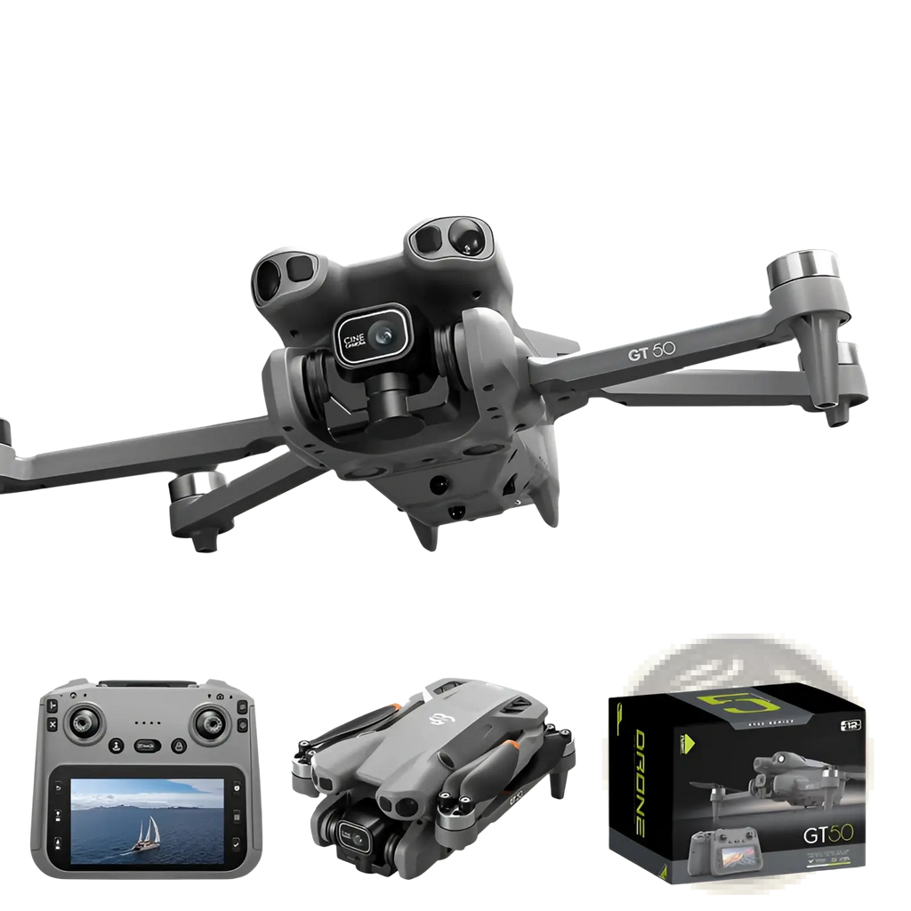 Gray gt50 pro dual camera drone with sleek modern design and 4.3 inch screen control shown from the back side