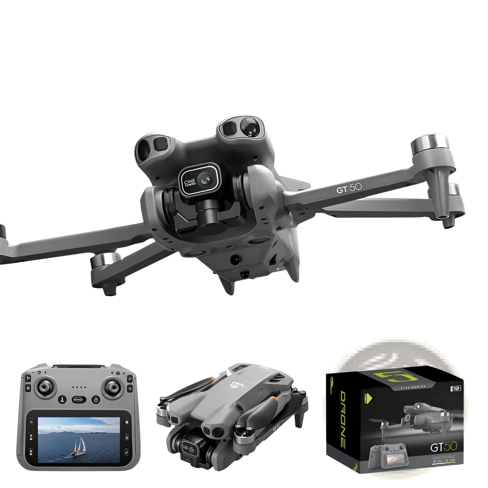 Gray gt50 pro dual camera drone with sleek modern design and 4.3 inch screen control shown from the back side