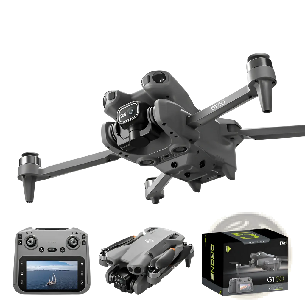 Gray gt50 pro dual camera drone with 4.3 inch screen control and intelligent obstacle avoidance shown with remote and packaging