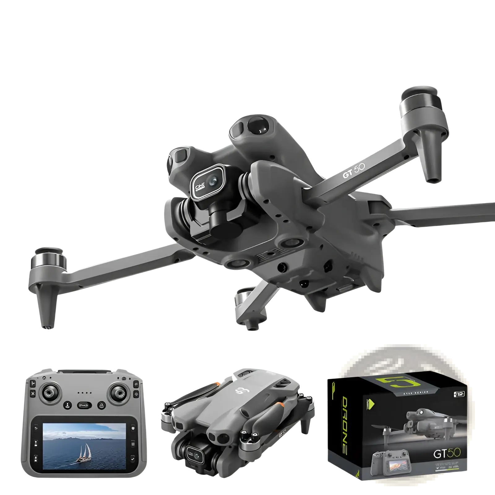 Gray gt50 pro dual camera drone with 4.3 inch screen control and intelligent obstacle avoidance shown with remote and packaging