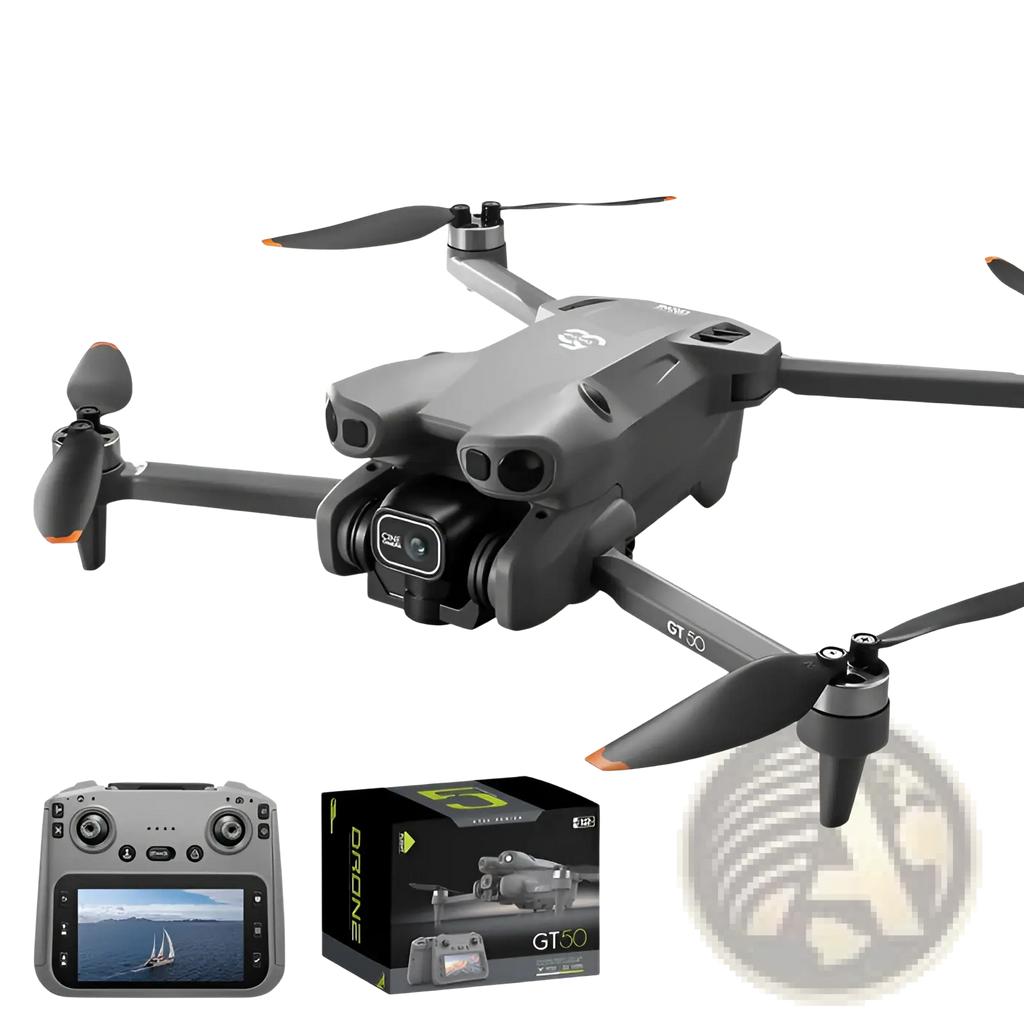 Gray gt50 pro dual camera drone with black propellers orange tips and 4.3 inch screen control shown from back side