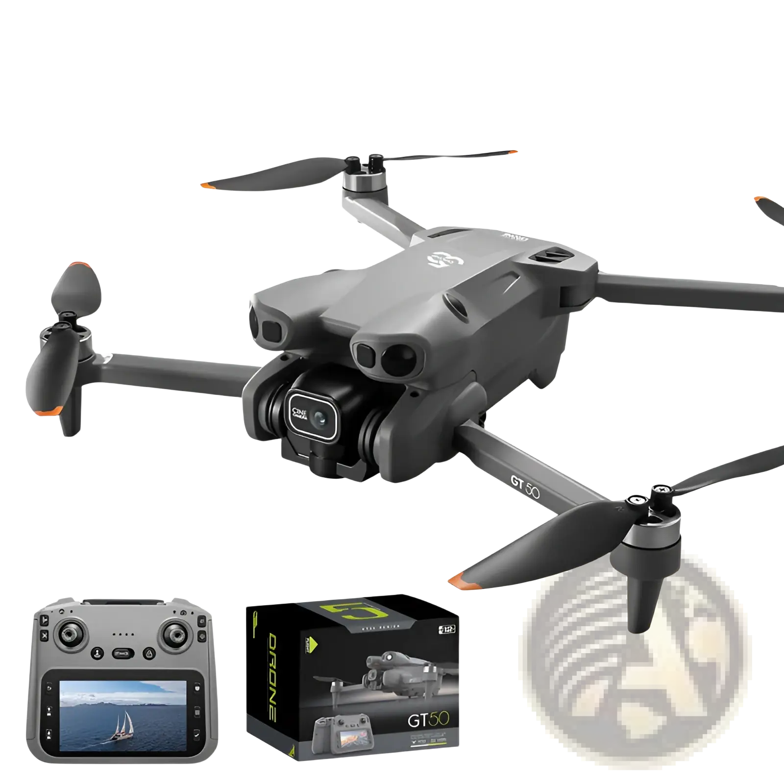 Gray gt50 pro dual camera drone with black propellers orange tips and 4.3 inch screen control shown from back side