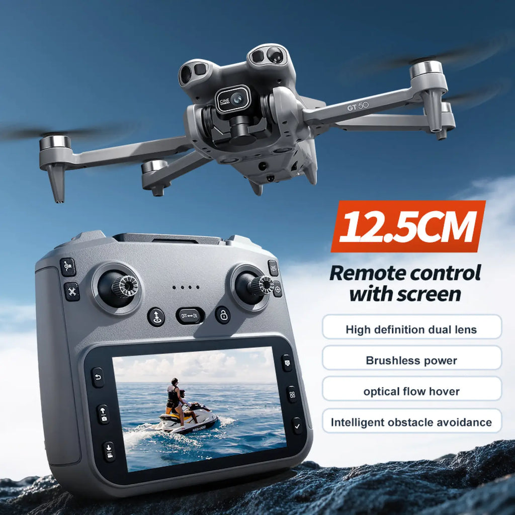 Gray gt50 pro dual camera drone with sleek modern design and four rotors shown from the back side
