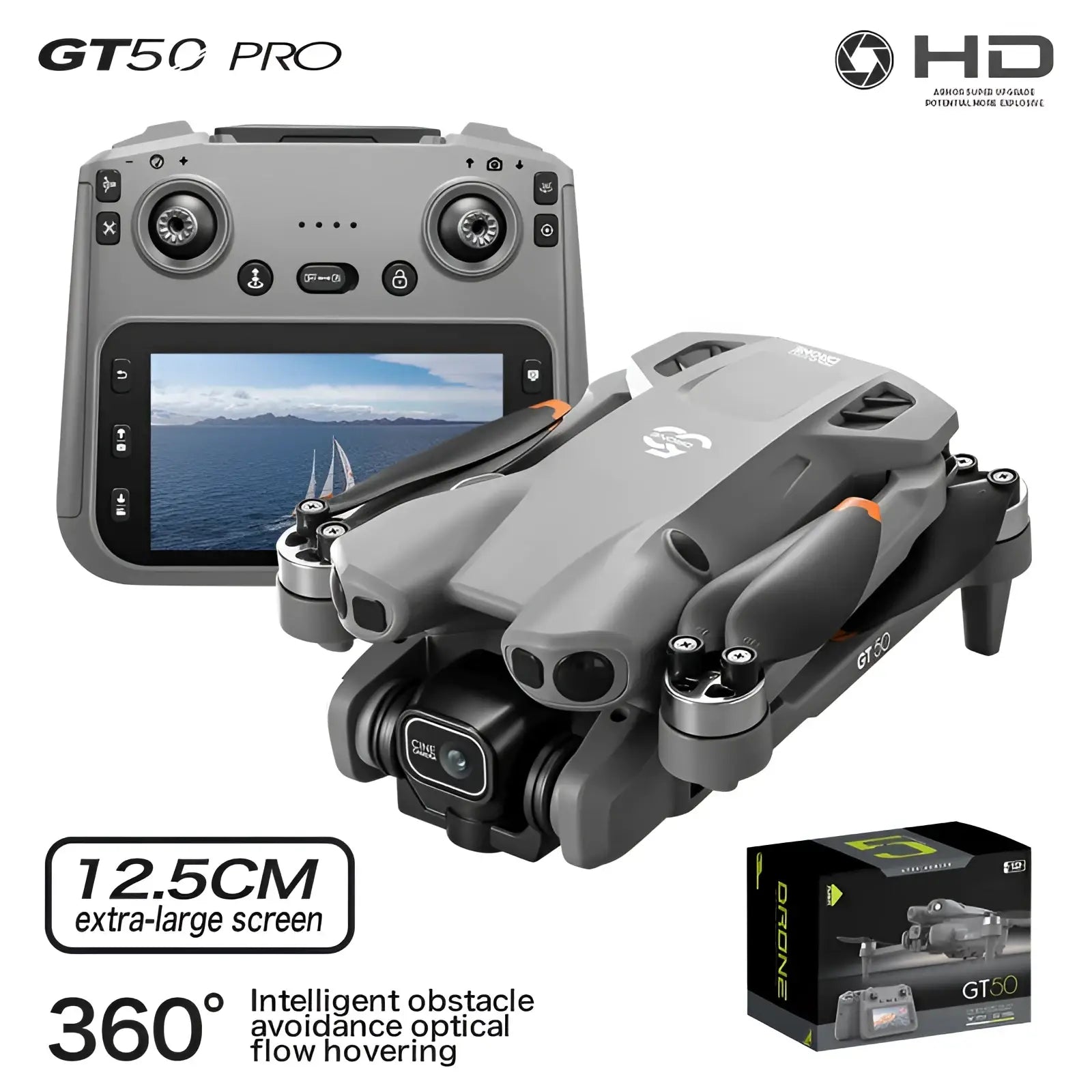 Gt50 pro dual camera drone in gray and black with orange accents featuring foldable design and 4.3 inch screen control
