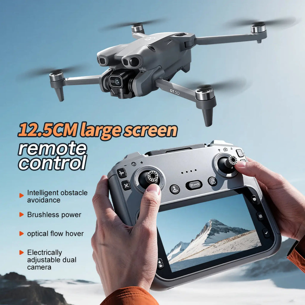 Gray gt30 drone with sleek modern design and dual cameras shown from the back in gt50 pro dual camera drone with 4.3 inch screen control