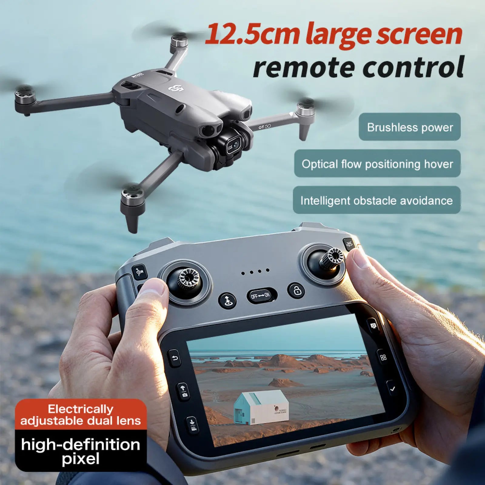 Gt50 pro dual camera gray quadcopter drone with 12.5cm brushless remote and intelligent obstacle avoidance technology