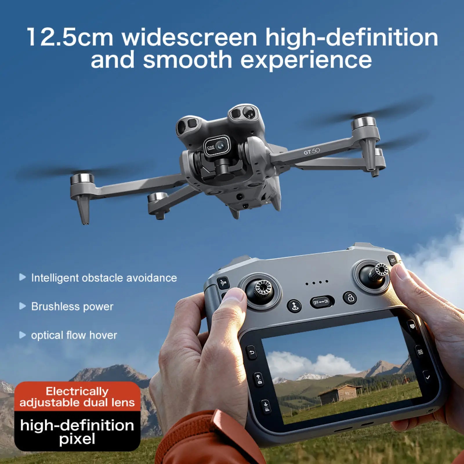 Gray gt50 pro dual camera drone with front camera hovering above remote control displaying scenic landscape on 4.3 inch screen
