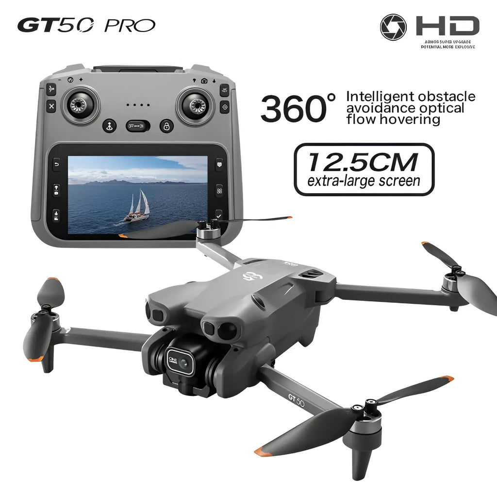 Gt50 pro dual camera drone in gray with black propellers and orange tips featuring a 12.5cm extra-large screen control displaying a sailboat scene