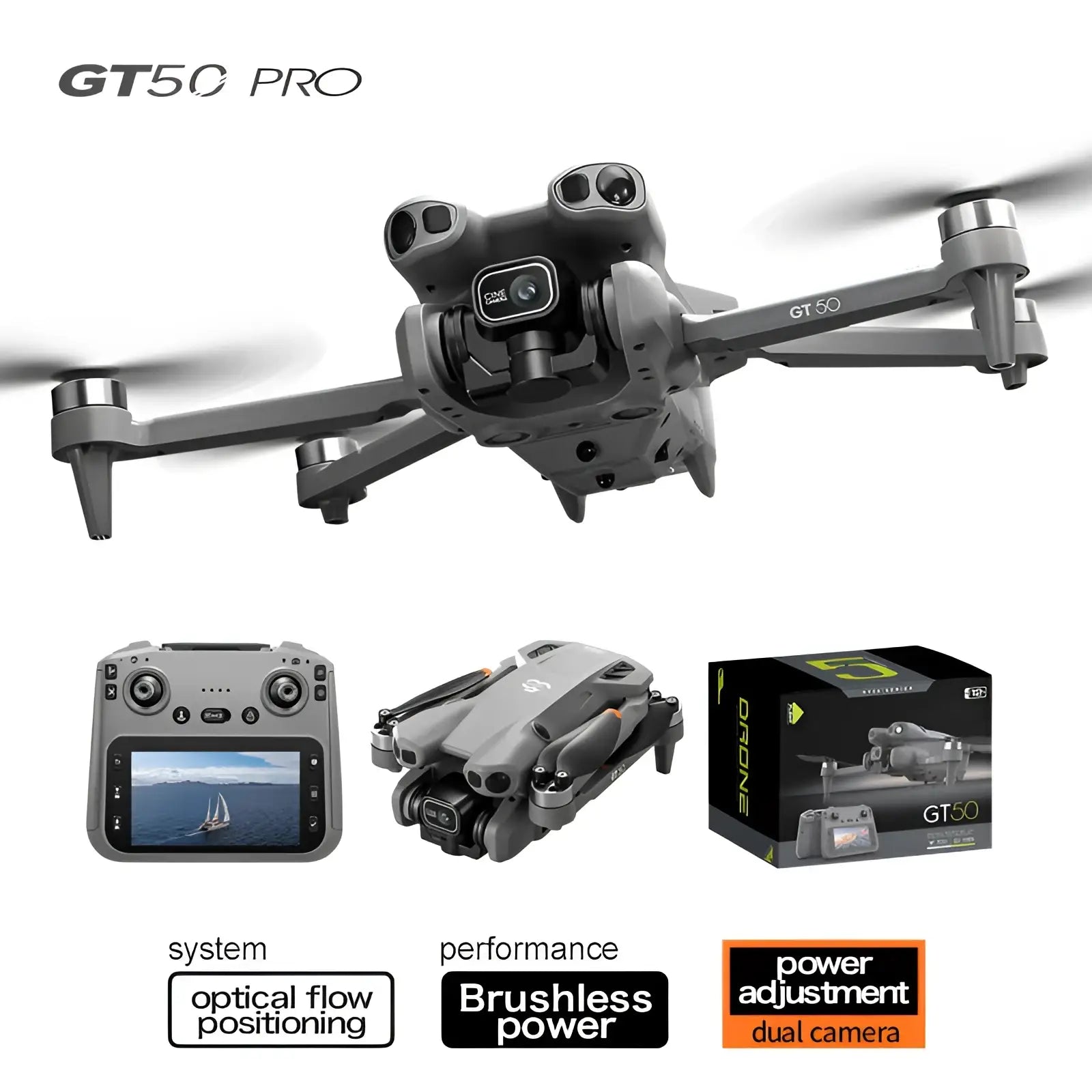 Gray gt50 pro dual camera drone with sleek modern design and 4.3 inch screen control shown from back side