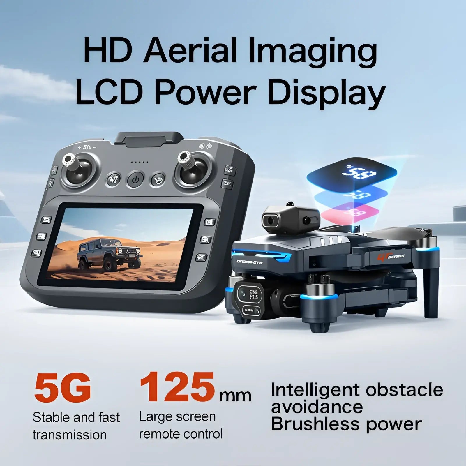 Gt8 hd camera drone in black and blue with 4.3 inch lcd remote control featuring power display