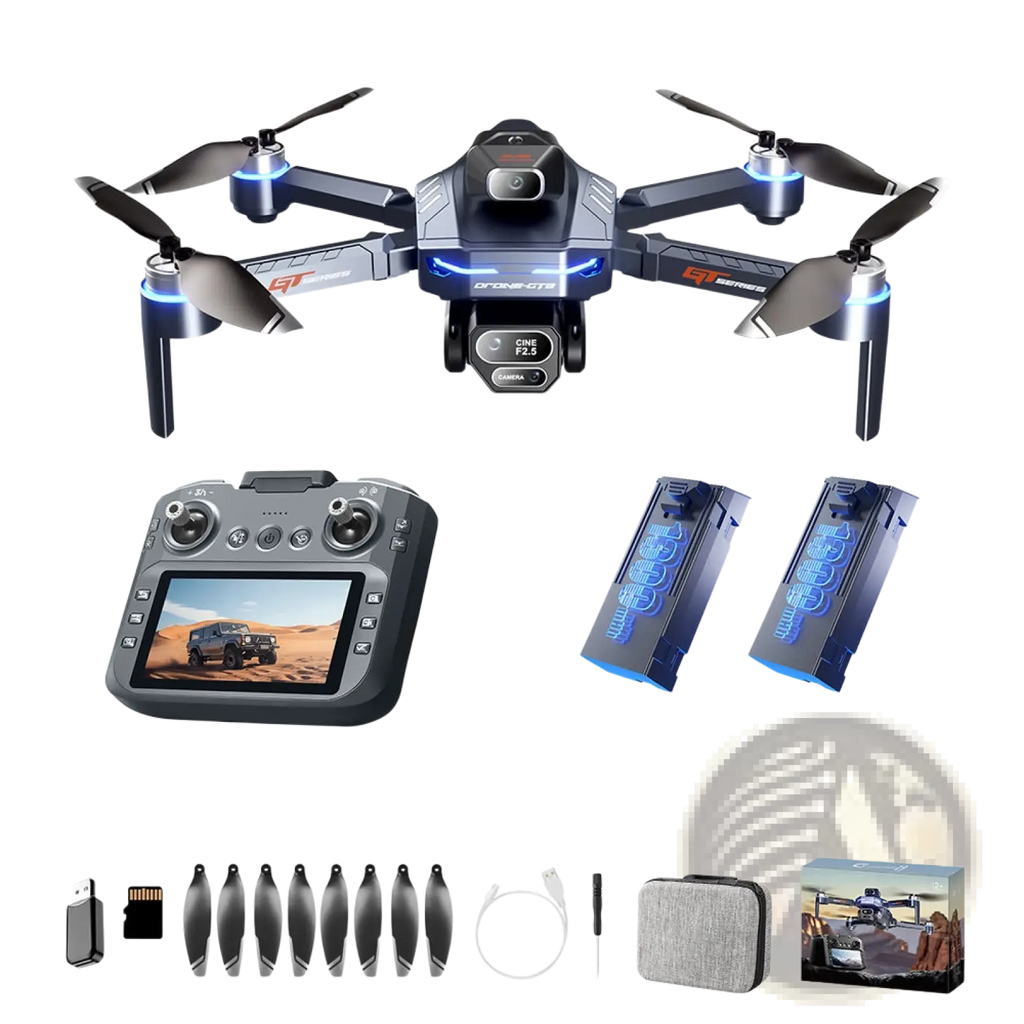 Gt8 hd camera drone black and blue quadcopter with glowing led arms and camera mounted below for aerial filming