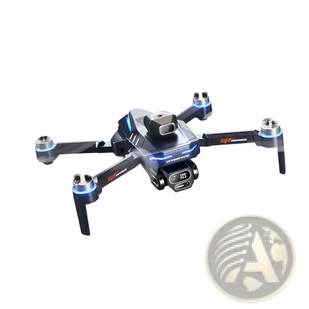 Black and blue gt series hd camera drone with glowing led accents and 4.3 inch lcd remote control