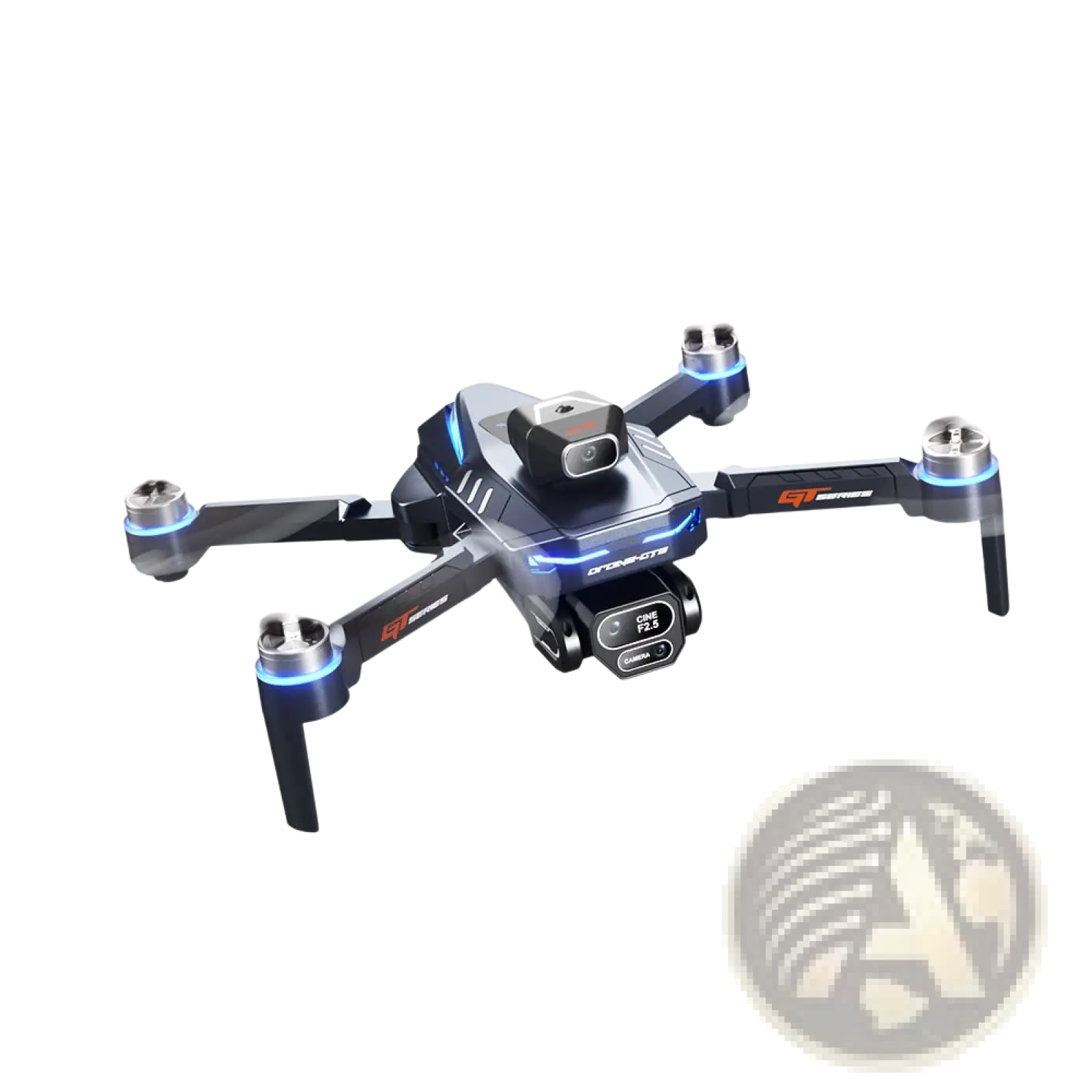 Black and blue gt series hd camera drone with glowing led accents and 4.3 inch lcd remote control