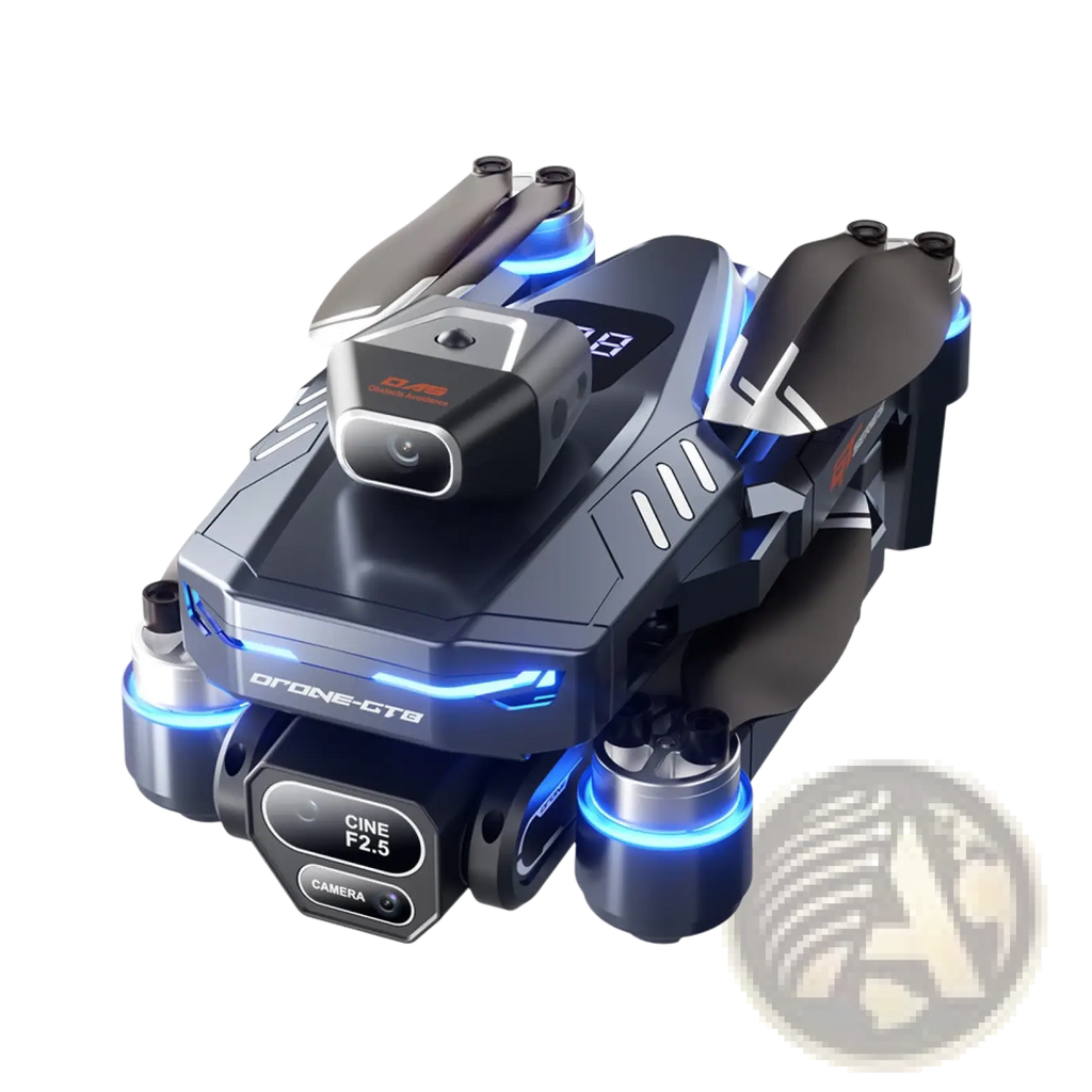 Black and blue drone-gtb foldable drone with glowing led lights and a top camera module for hd aerial imaging