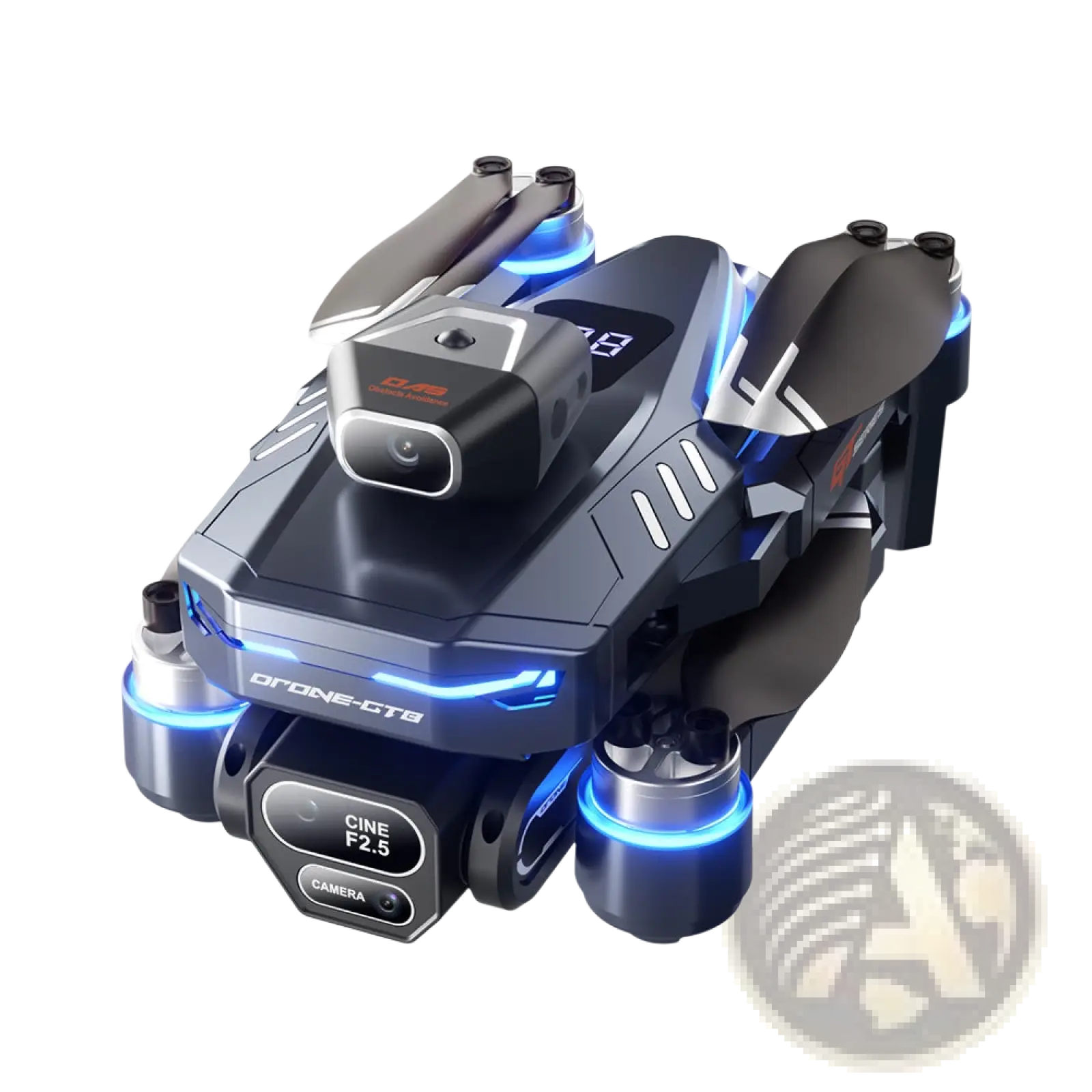 Black and blue drone-gtb foldable drone with glowing led lights and a top camera module for hd aerial imaging