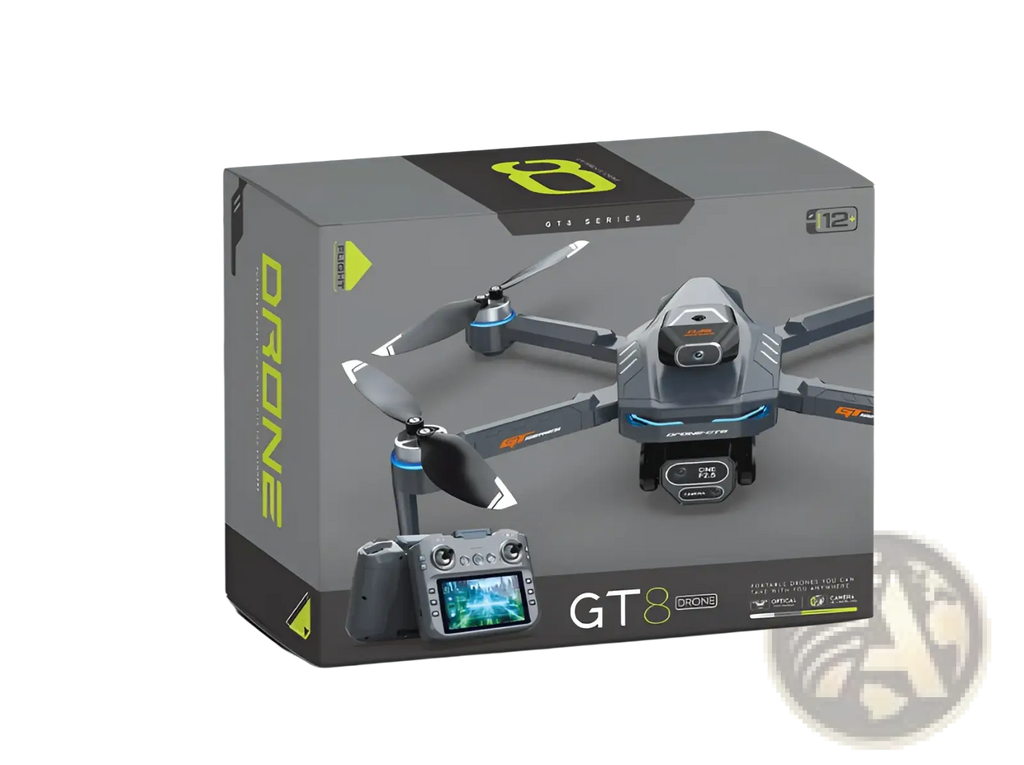 Gt8 hd camera drone in gray and black with blue accents shown in product box with 4.3 inch lcd remote control