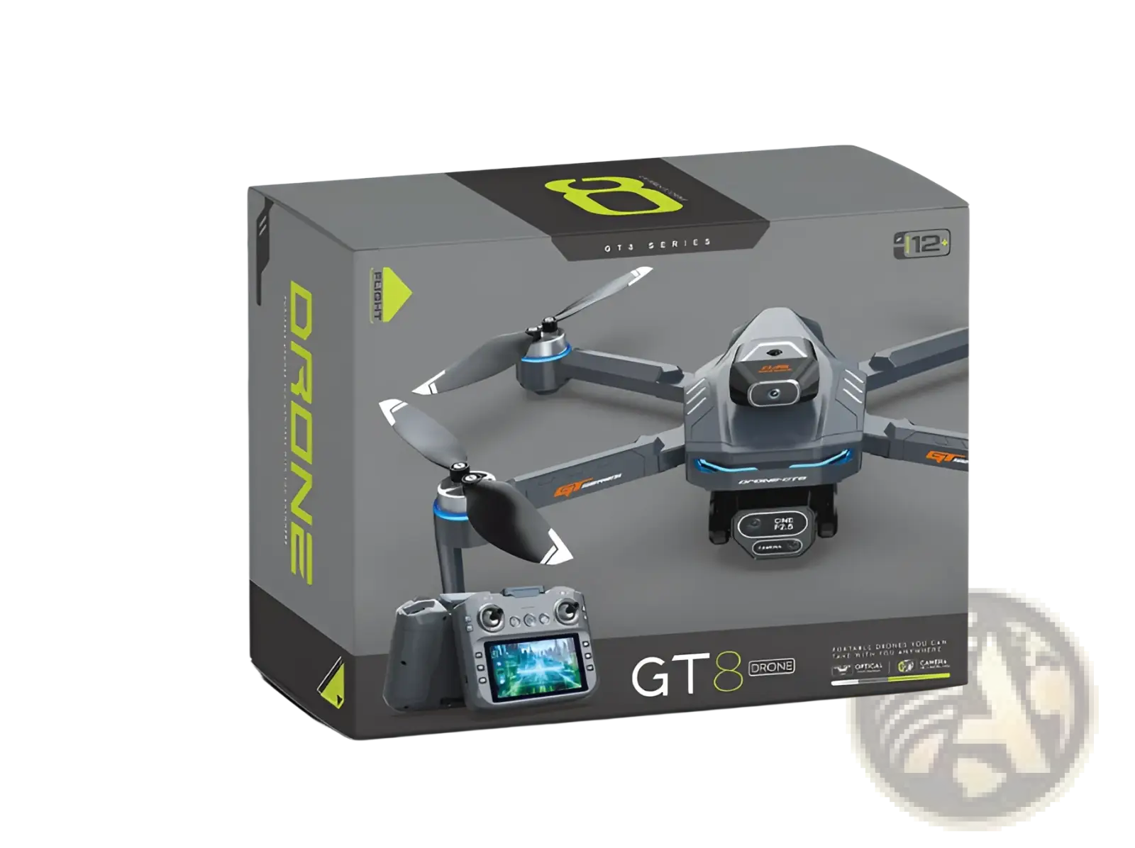 Gt8 hd camera drone in gray and black with blue accents shown in product box with 4.3 inch lcd remote control